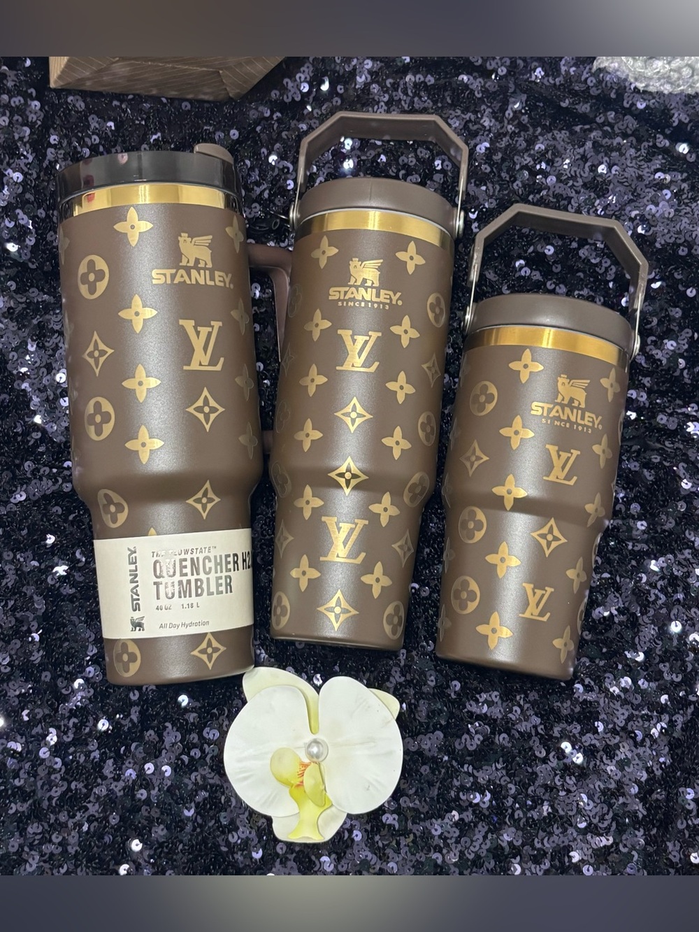 Brown & Gold Monogram Quencher Tumblers (Set of 3)